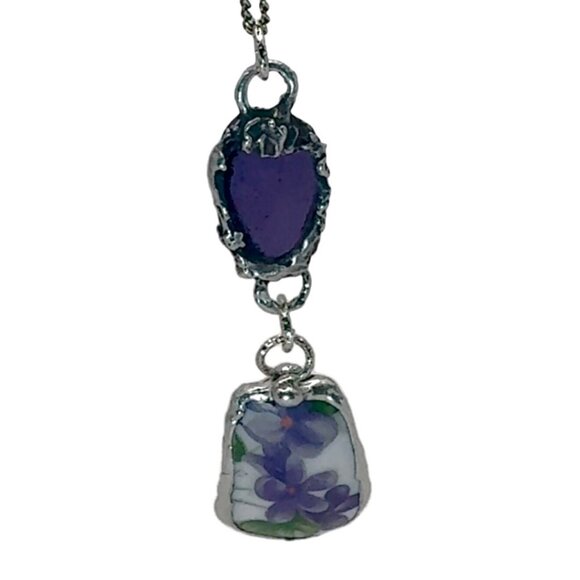 Violets Broken China & Sea Glass Artisan Silver-Blend Metalwork Bezel Pendant - Picture 8 of 17